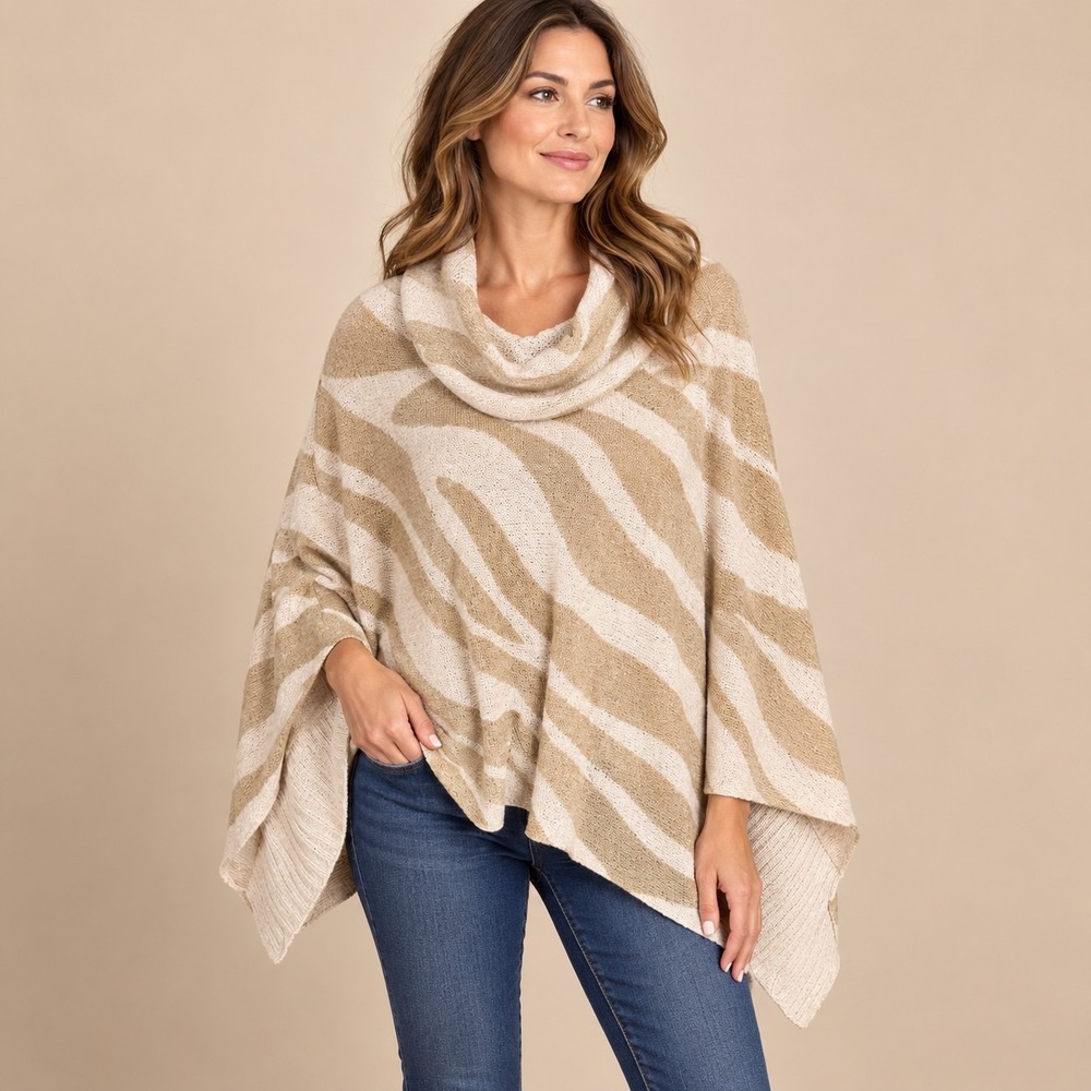 Chico's Graphic Zebra Tape Yarn Poncho Women's S/M Lagenlook Shabby Chic Coastal
